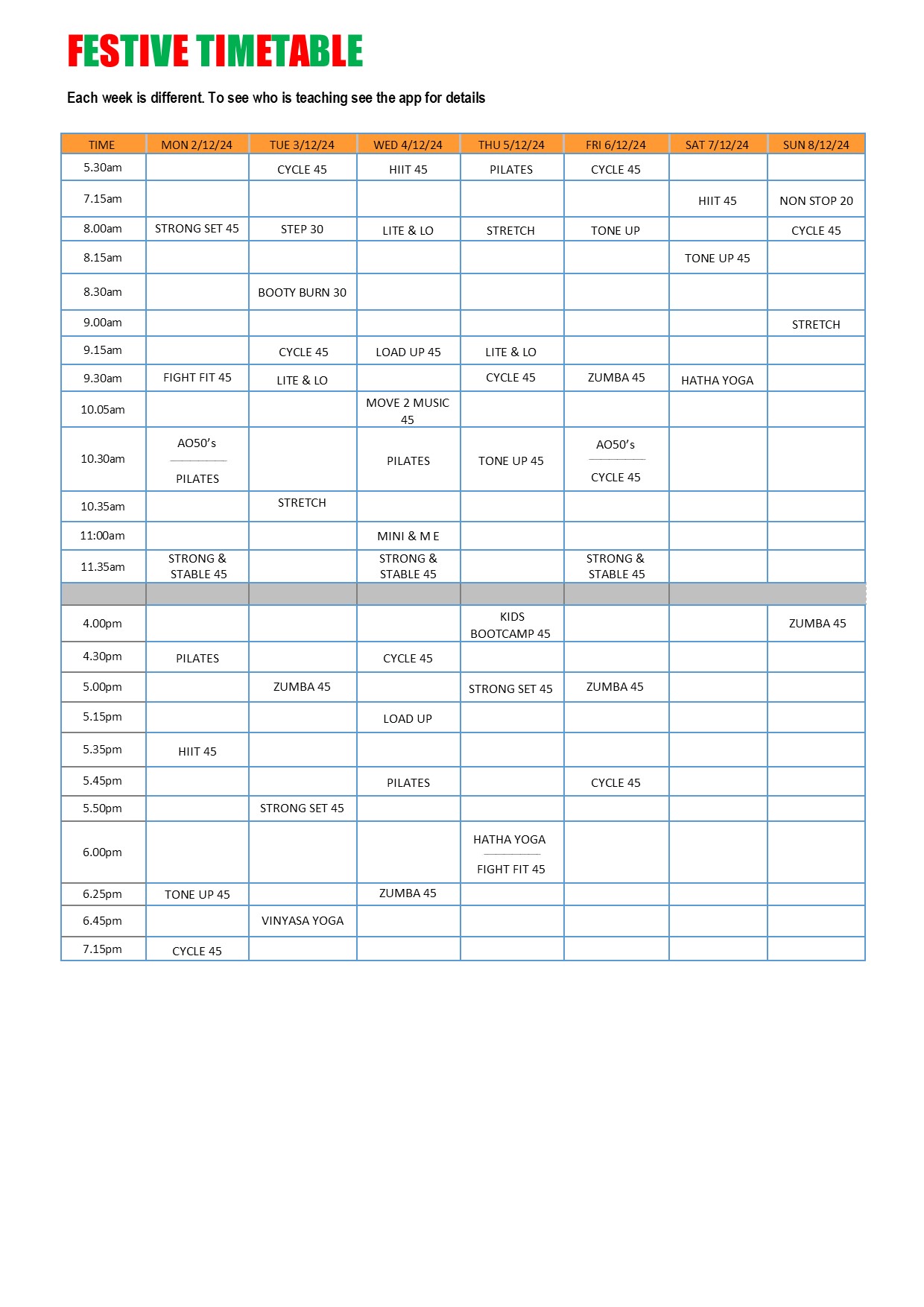 Each week is different. To see who is teaching see app for details